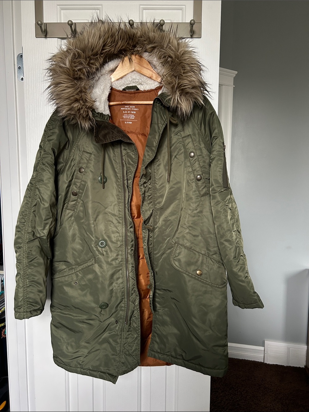 American Eagle Outfitters Olive Green Faux Fur Hooded Puffer Parka